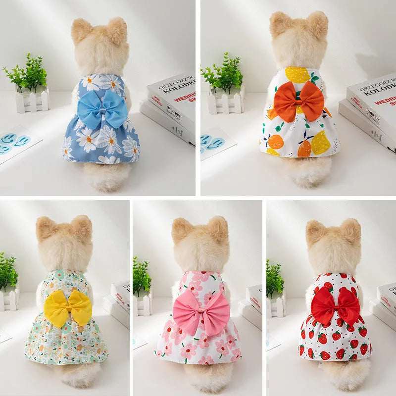 Ultra-thin polyester pet dress with floral butterfly knot design in multiple colour options