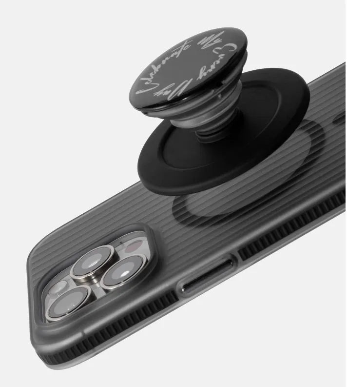 Transparent black magnetic phone case with striped anti-slip bar for iPhone 13, 14, 15 models.
