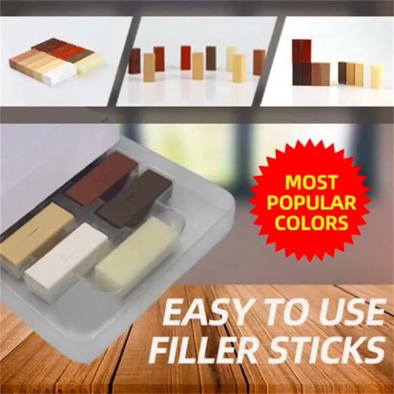 Red and yellow handle floor repair tool with wax colour sticks for DIY tile restoration