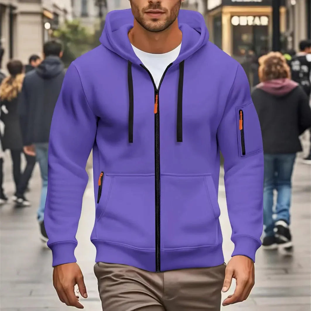 Men's zipper hooded sweatshirt cardigan coat in Army Green colour with wool lining.
