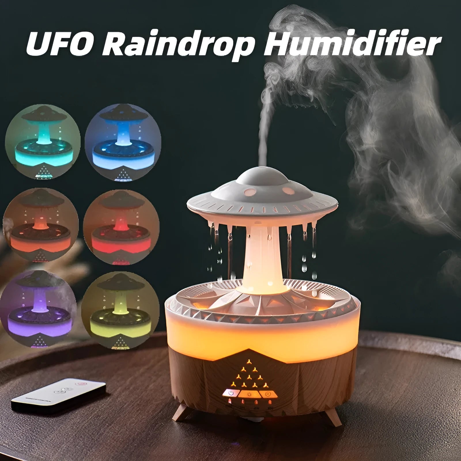 White cloud-shaped UFO raindrop humidifier diffuser with coloured night light on a wooden table.