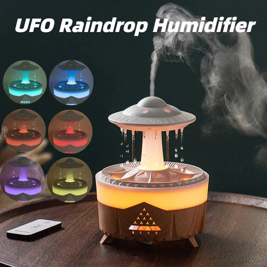 Relaxing rain cloud humidifier with essential oil diffuser, soothing rain sound, and customizable LED lights for a tranquil home environment