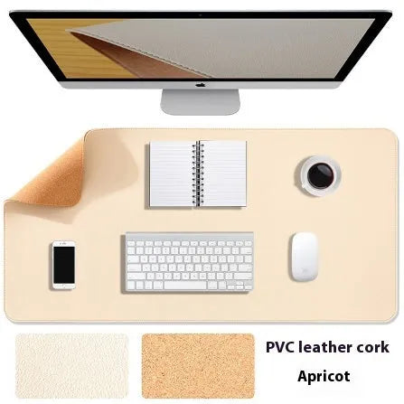 Leather cork PVC mouse mat in orange, 3.8mm thick, 80x40cm, on a wooden desk with a laptop and mouse