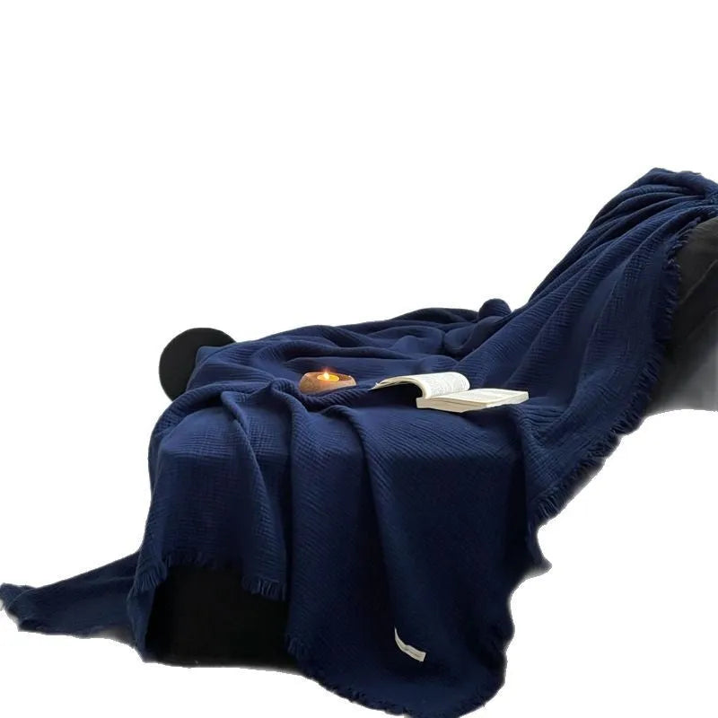 Four-layer cotton tassel blanket in navy blue, 130x170cm, chenille bedding breakdown, European style