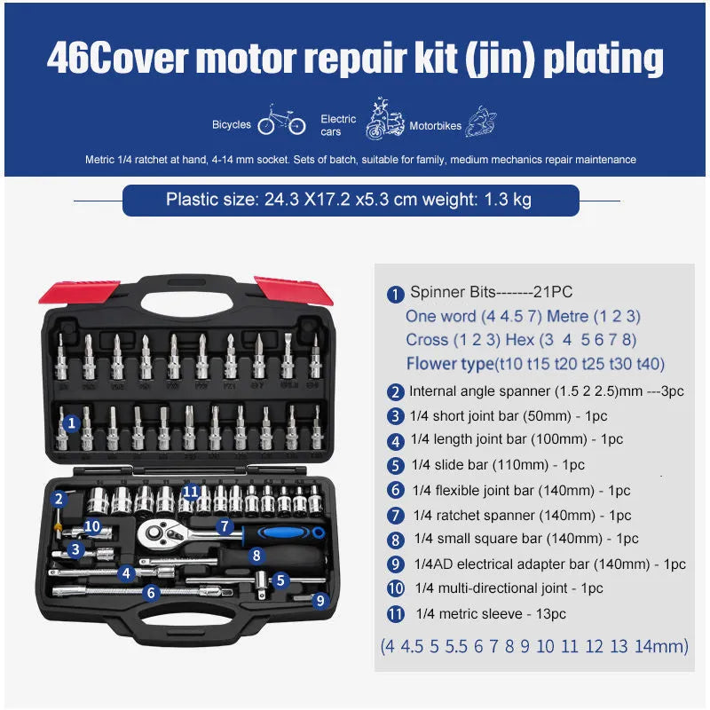 46-piece chromium vanadium steel socket ratchet wrench set with nickel-plated finish in a case.