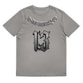 A loose-fitting grey cotton short sleeve t-shirt with a round neck on a plain background.