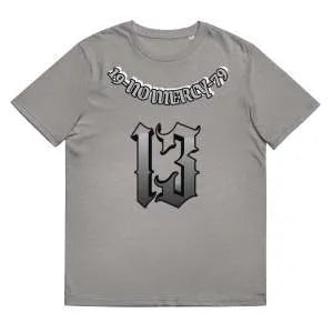 A loose-fitting grey cotton short sleeve t-shirt with a round neck on a plain background.