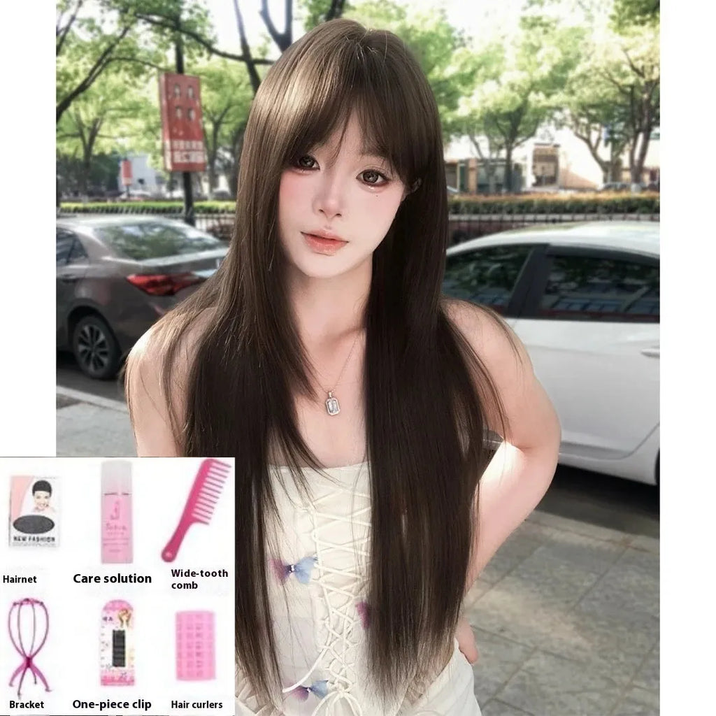 Brown-black high-temperature fibre ladies wig with head cover on display