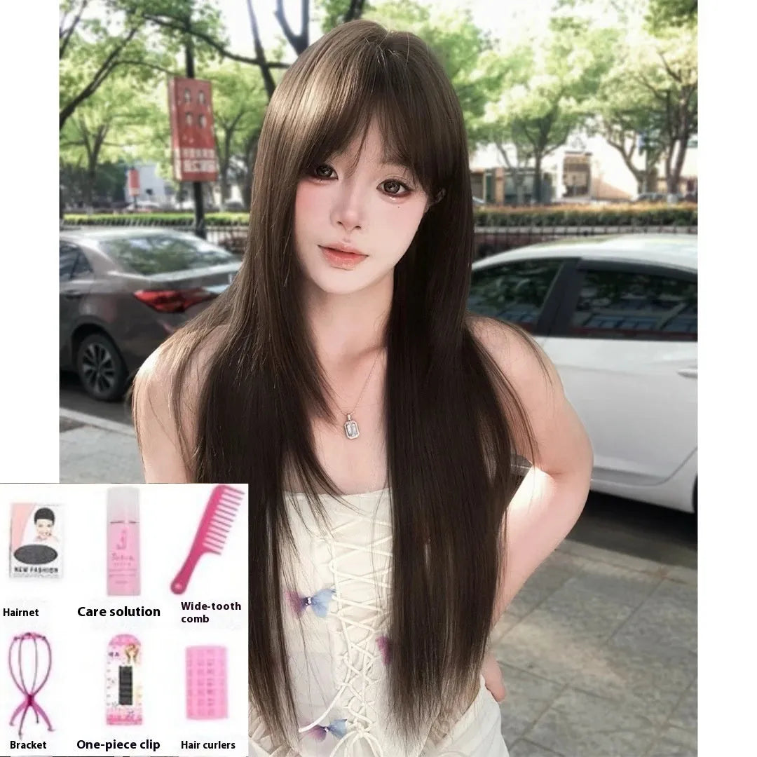 Brown-black high-temperature fibre ladies wig with head cover on display