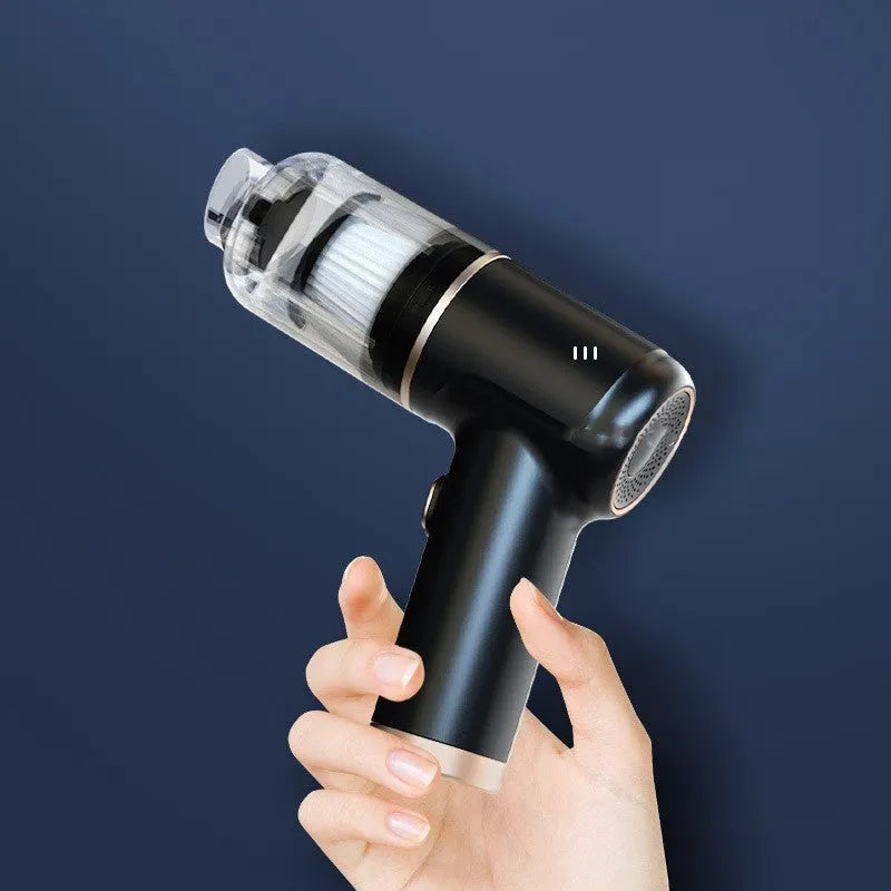 Black handheld cordless car vacuum cleaner with 4500PA suction and multiple attachments on a white background.