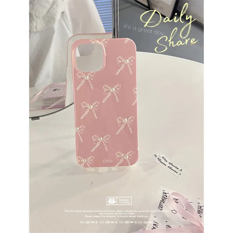 Pink Girl Pearl Bow Stereo Phone Case with three-dimensional pearl dot bow decoration for iPhone 13 Pro Max