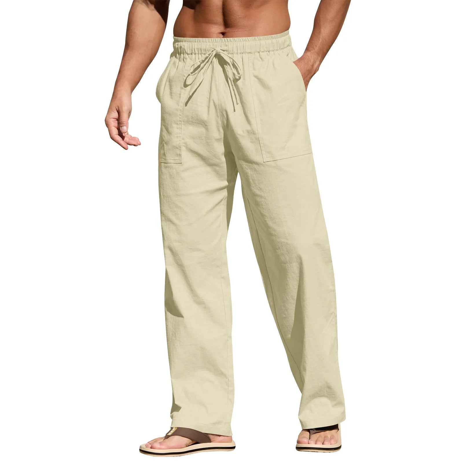 Men's straight leg cotton linen trousers with drawstring elastic waist in various colours