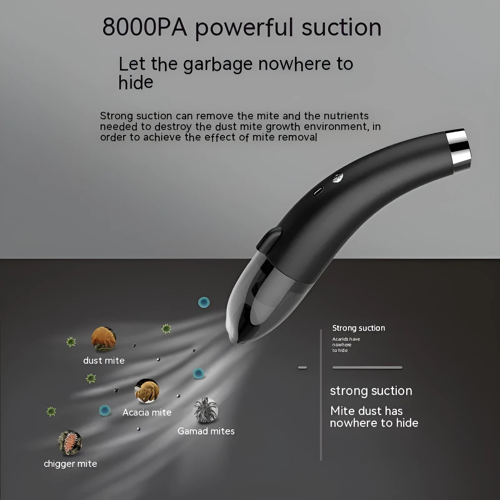 Handheld wireless car vacuum cleaner in black, with USB charging cable.