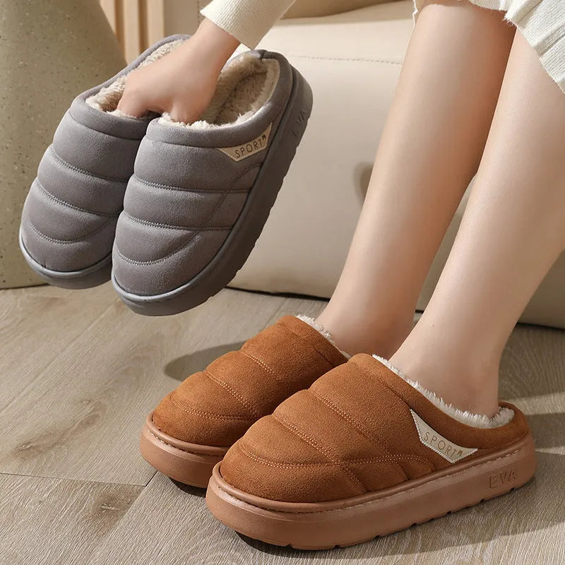 Plush indoor slippers with suede upper and EVA sole in grey, khaki, coffee, and camel