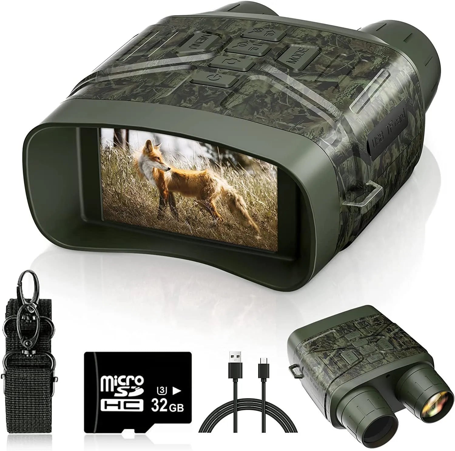 Black handheld night vision monocular with lens and screen, showing camouflage colour option.