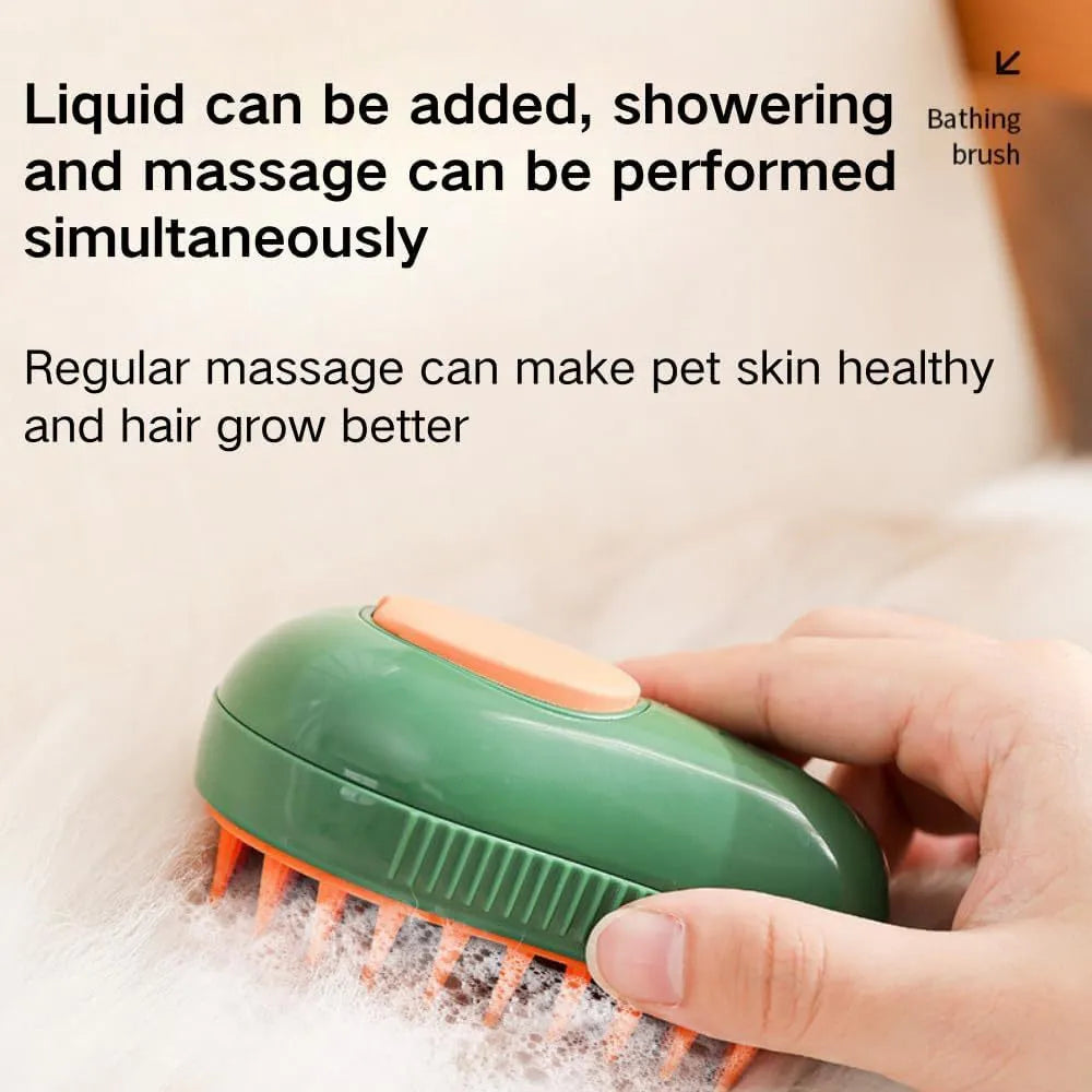 Green and white cat steam brush with silicone teeth, water spray function and compact design
