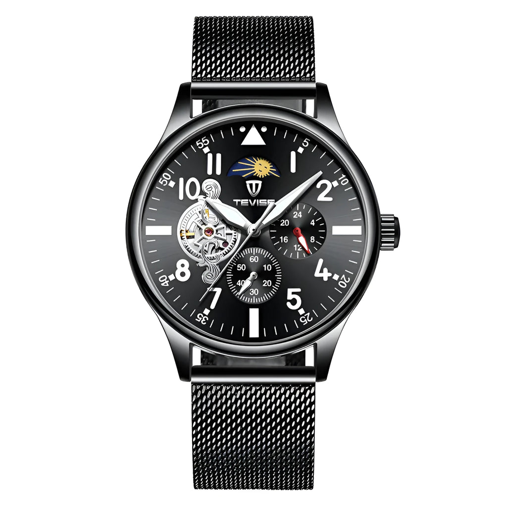 Men's black mechanical watch with moon phase complication and luminous hands on alloy case