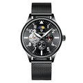 Men's black mechanical watch with moon phase complication and luminous hands on alloy case