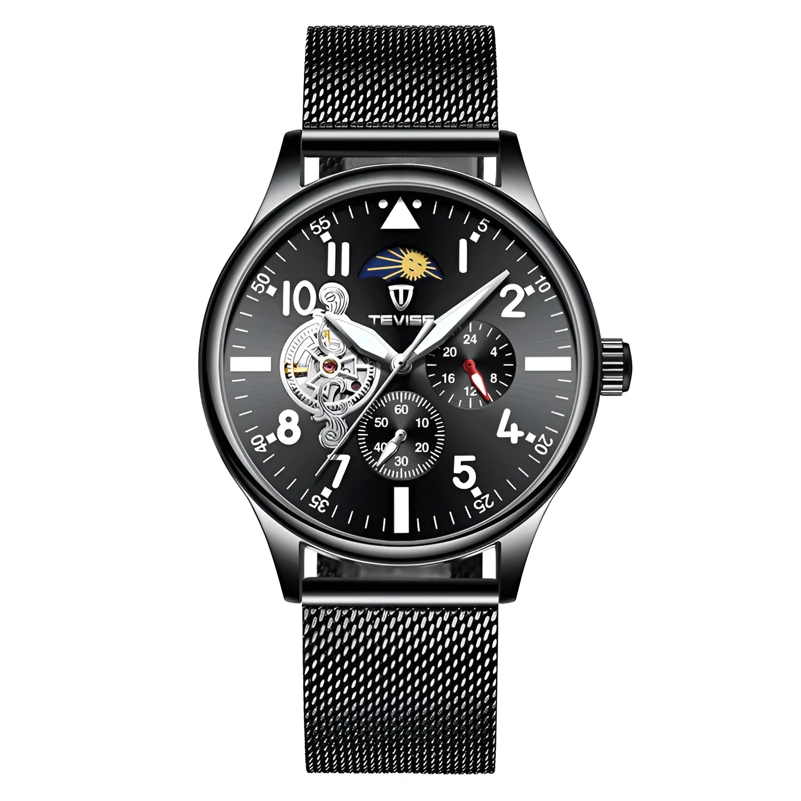 Men's black mechanical watch with moon phase complication and luminous hands on alloy case