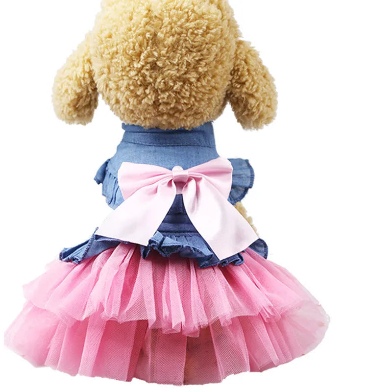 Korean princess style denim pet skirt with creative bow design for dogs