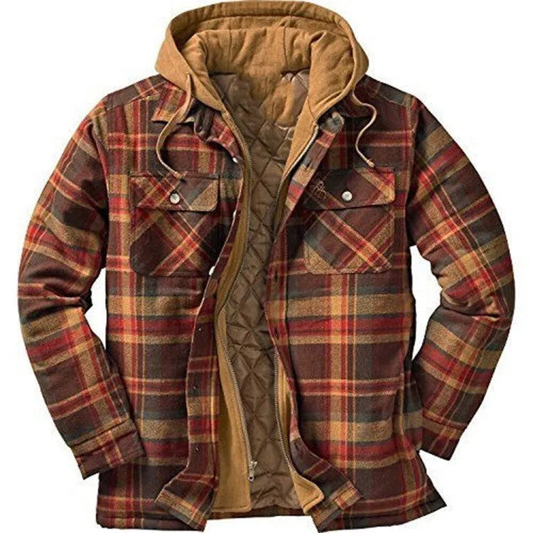 Men's thickened plaid hooded cardigan, loose fit, cotton lining, available in multiple colours and sizes S-5XL