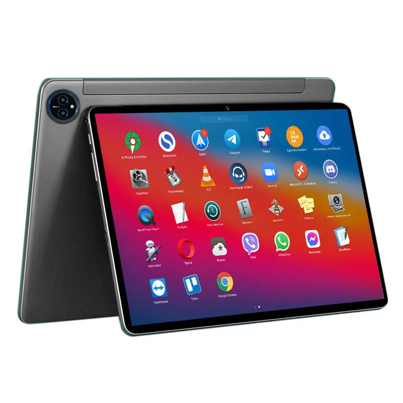10-inch bare metal blue tablet with leather keyboard case on a desk