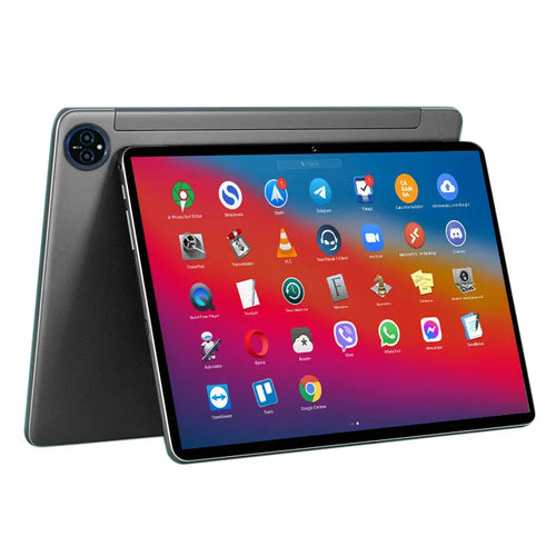 10-inch bare metal blue tablet with leather keyboard case on a desk