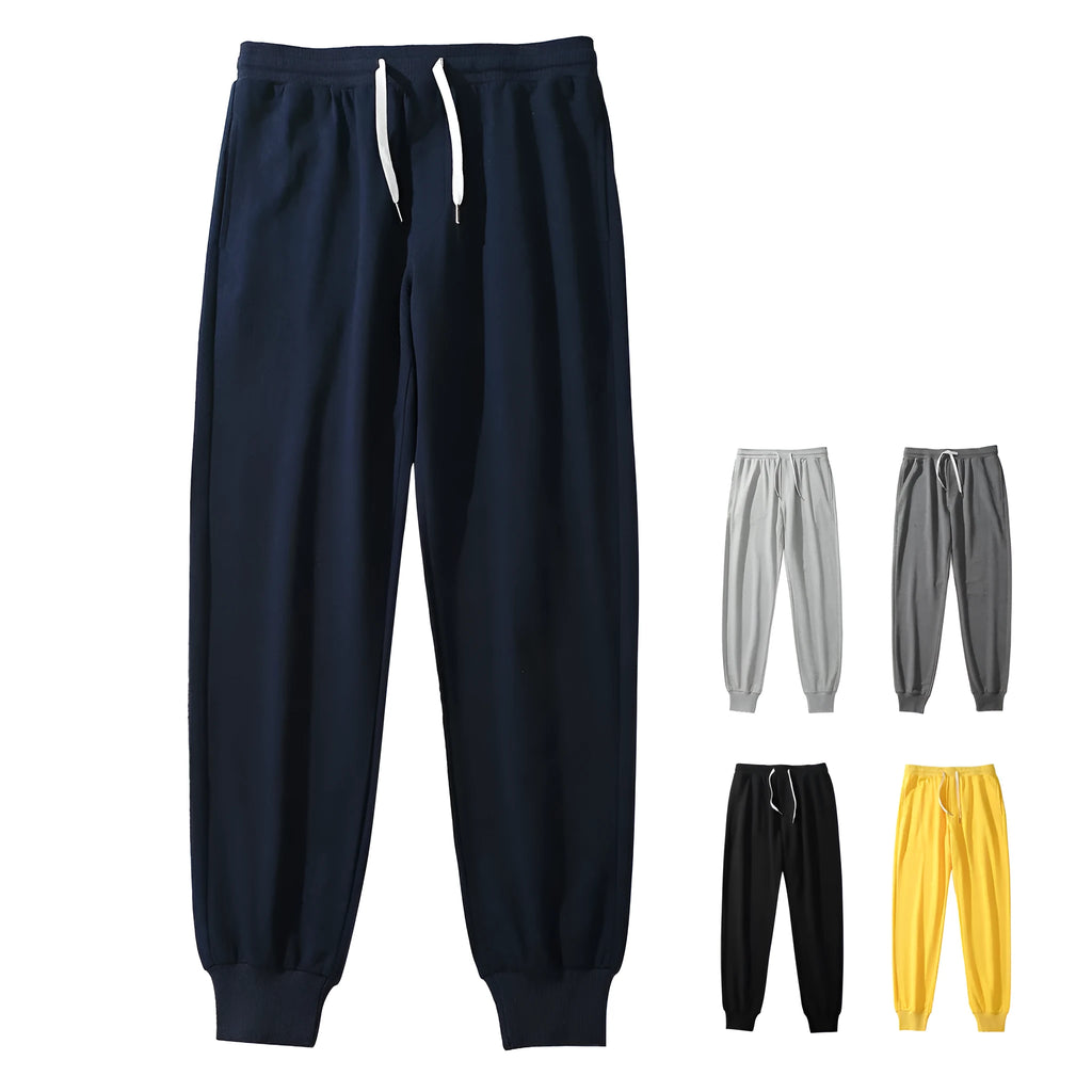 Men's cotton sports casual trousers, loose pencil cut with drawstring mid waist, shown in a solid colour option
