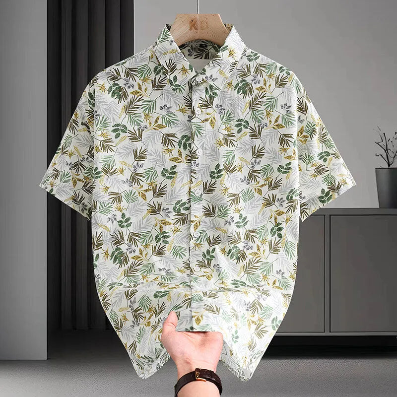 Men's Hawaiian-style floral cotton short sleeve shirt in cardigan design with open front