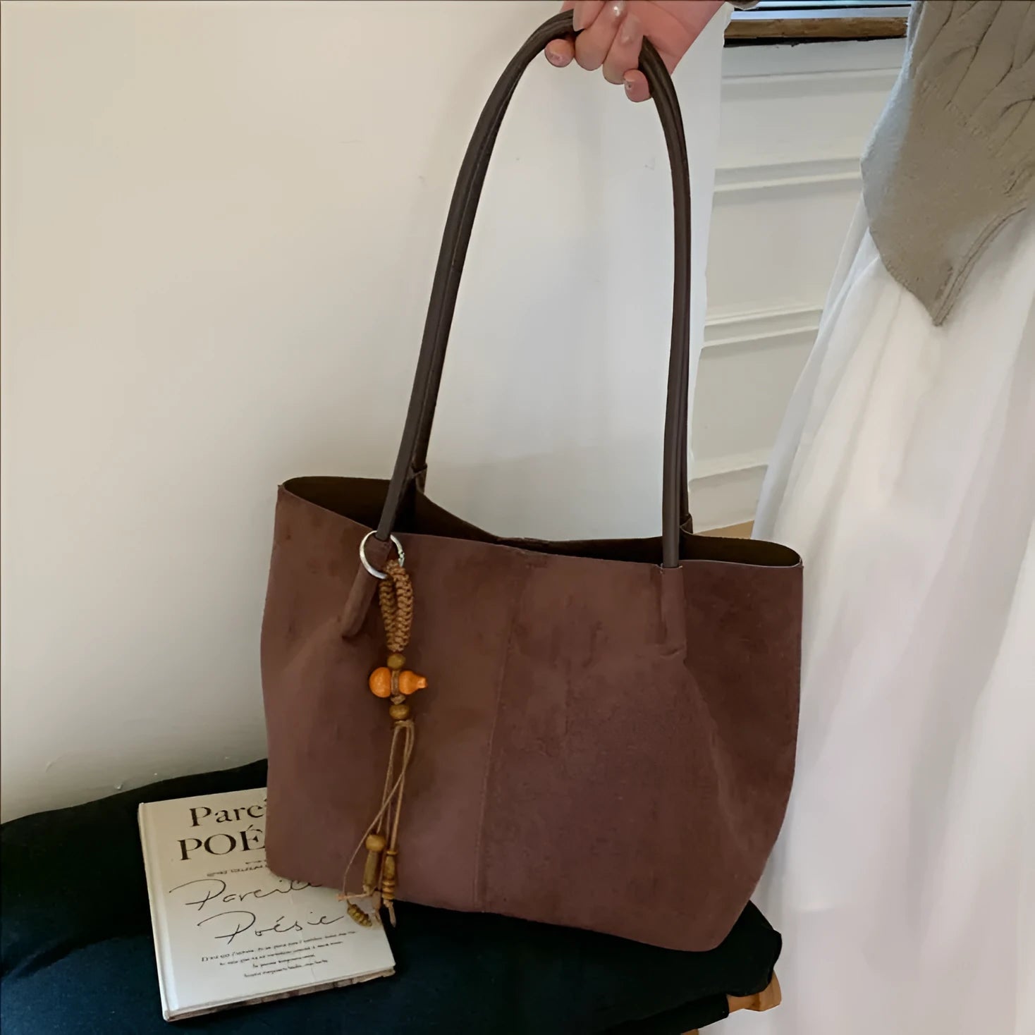 Large capacity suede tote bag in horizontal square shape with single shoulder strap, available in green with matching pendant