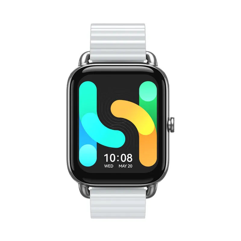 HAYLOU RS4 Plus black smart sports watch with AMOLED display on a wrist, showing fitness stats.
