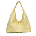 One shoulder tote bag in cream yellow with square vertical shape, outer slit pocket, internal phone bag, PU outer and polyester lining