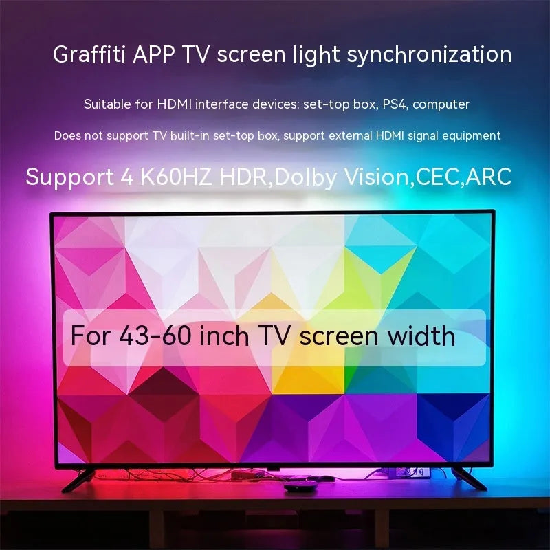 TV sync ambience light strip with colourful LED lighting installed behind television