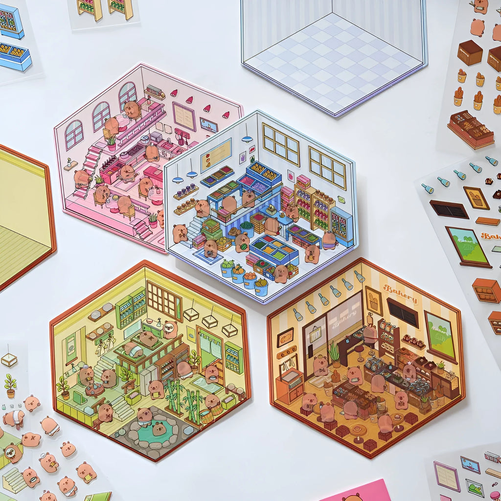 Capabala pre-cut themed sticker sheet showing eight colour variations on a 190x125mm PET sheet.