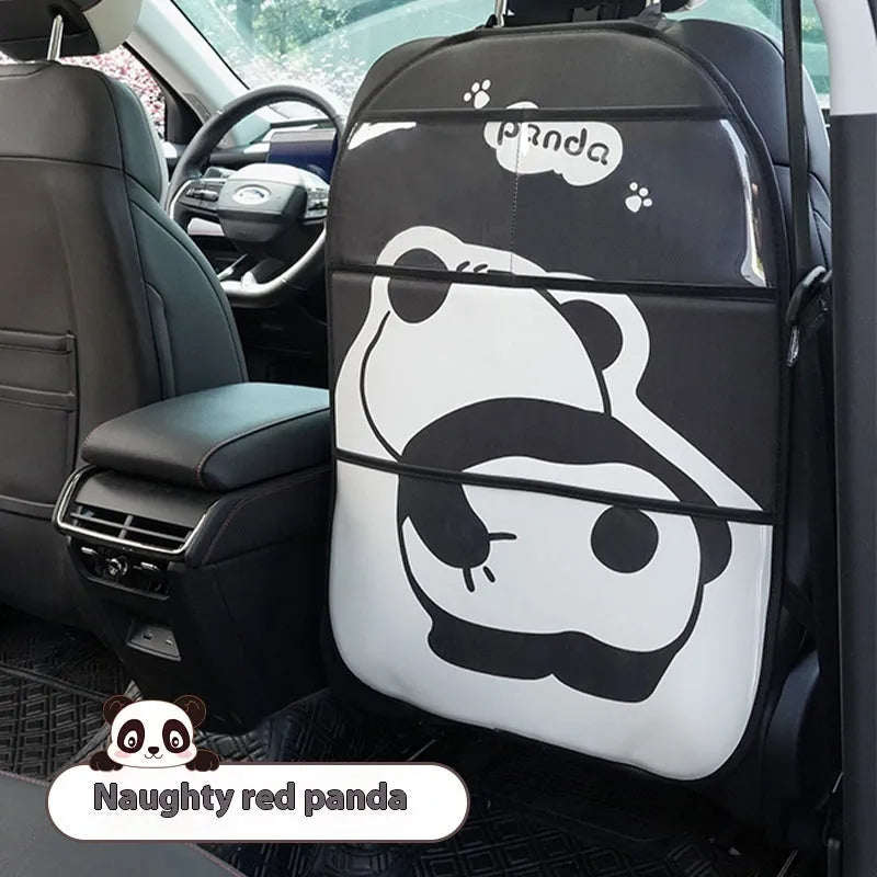 Large black and white leather Naughty Panda anti-kick pad for car backseat protection with cartoon design