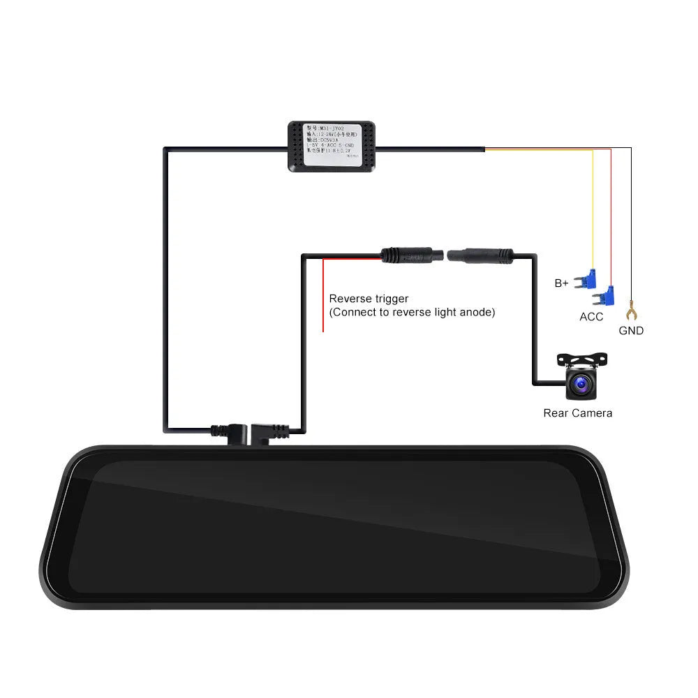 9.66-inch in-mirror car display showing split-screen view from front dashcam and waterproof rear camera.