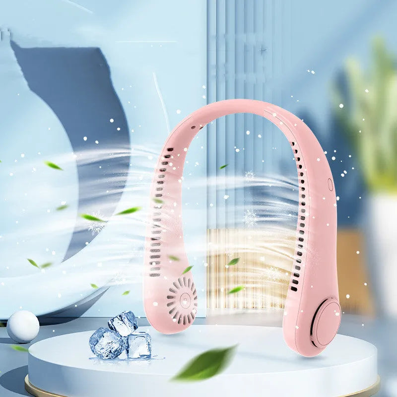 Rechargeable neck fan worn around neck with bladeless design and decentralised air outlet