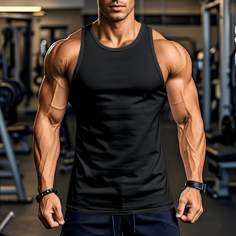 Men's black quick-dry polyester sports fitness vest with slim fit and straight hem on a model