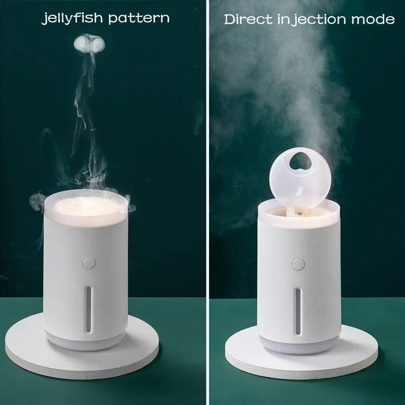 Spitting Circle humidifier in porcelain white with large fog output and dual atomisation modes for desktop use