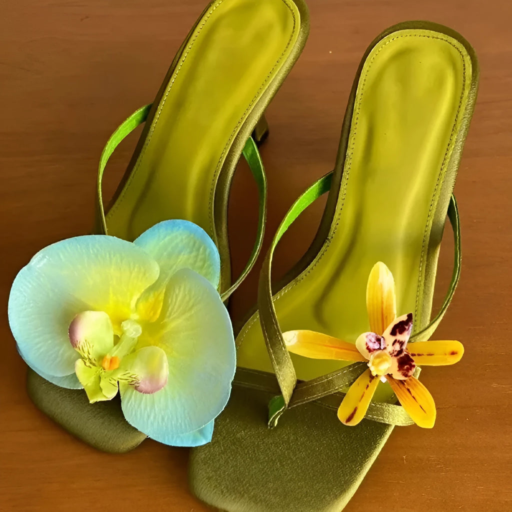 Women's handmade calf leather high heel sandals with asymmetric flower design and square toe in black