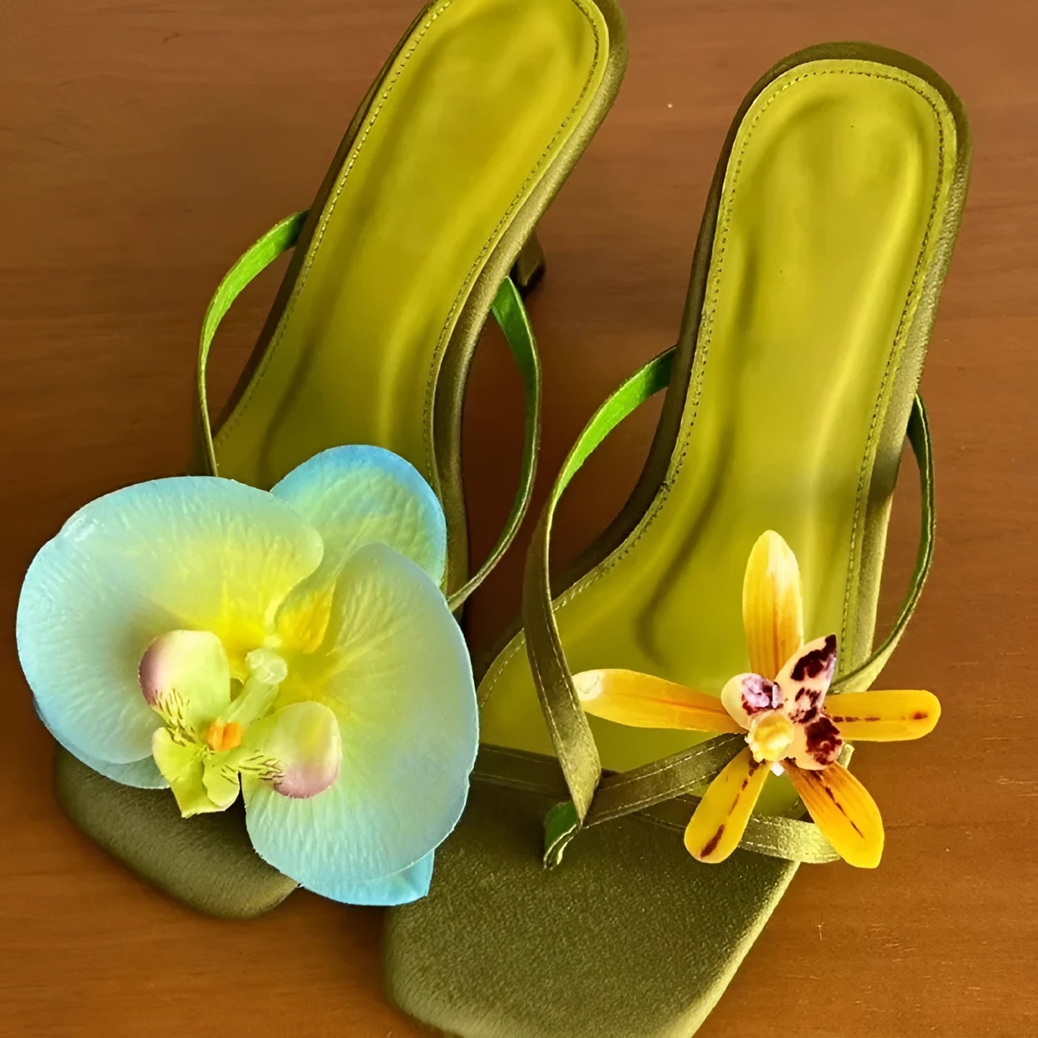 Women's handmade calf leather high heel sandals with asymmetric flower design and square toe in black