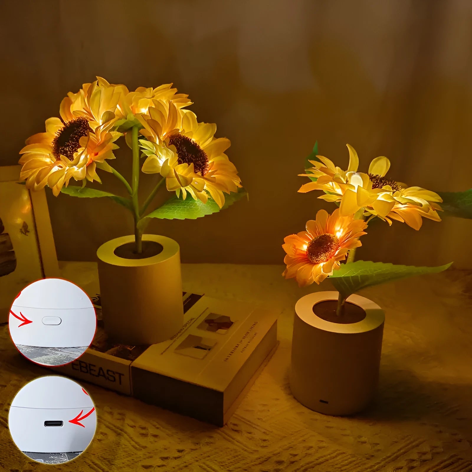 Rechargeable artificial sunflower LED night light on a table with USB charging cable.