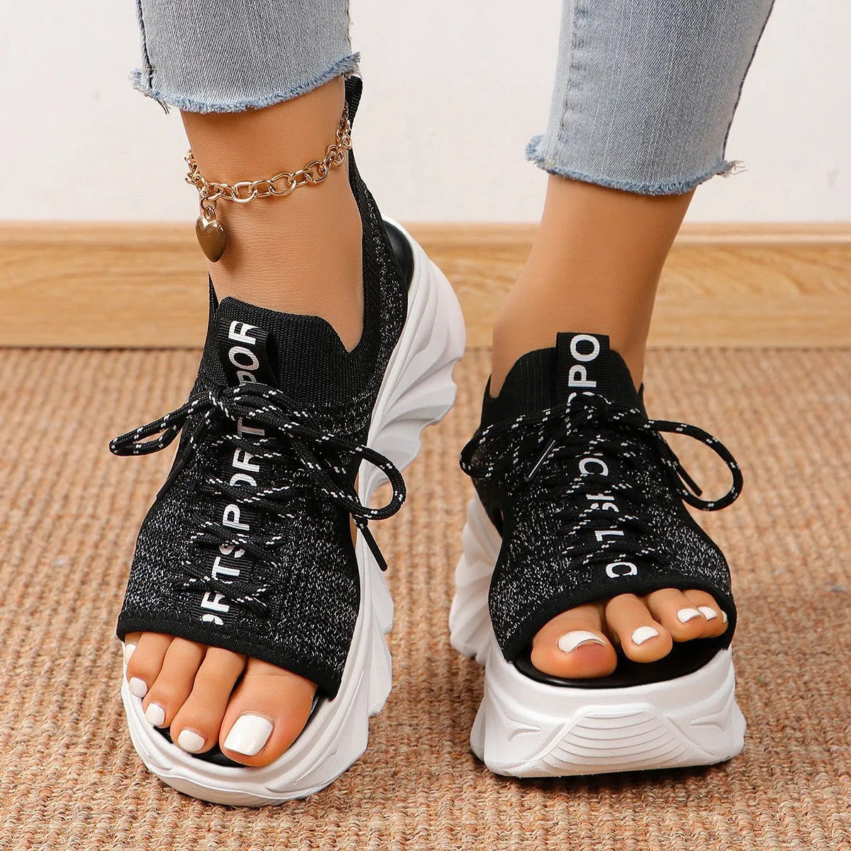 Women's hollowed-out mid heel mesh platform sandals in beige with front lace-up and round toe