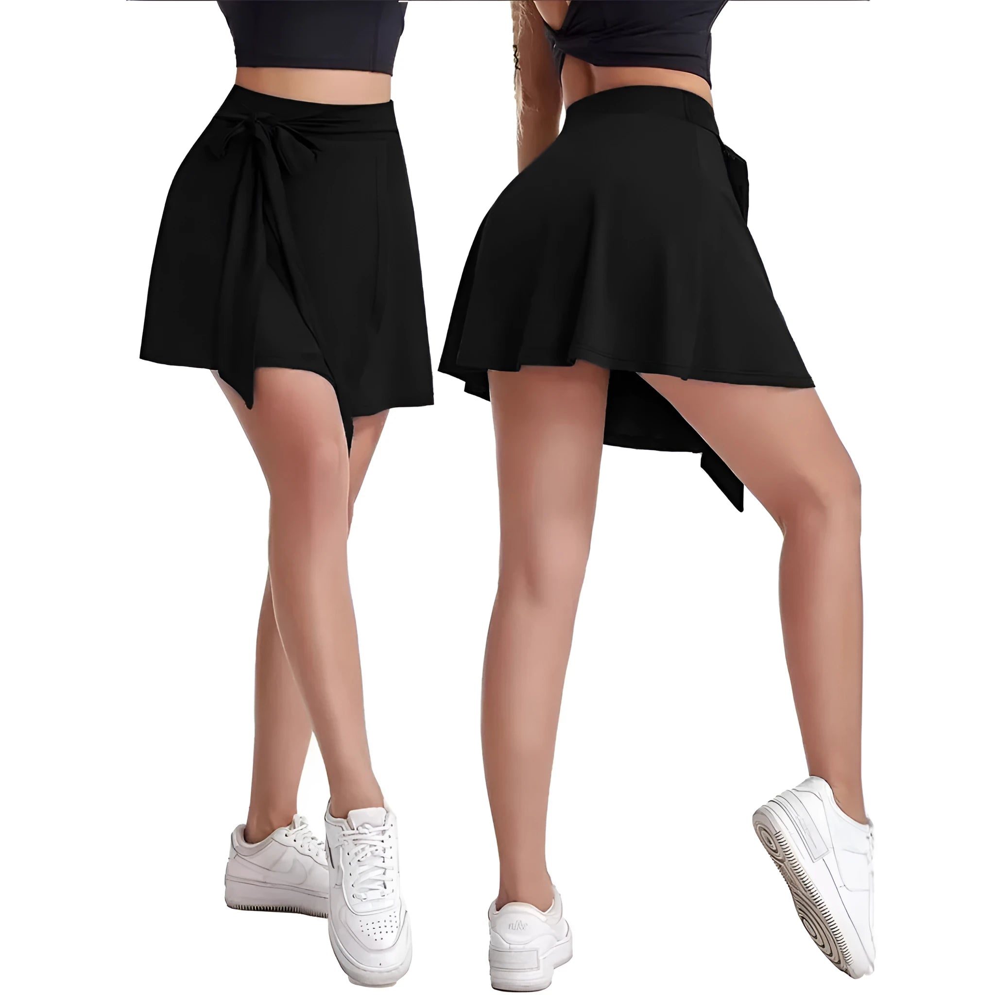 Black thigh-length sports skirt with built-in shorts, high waist design, and shoulder strap details
