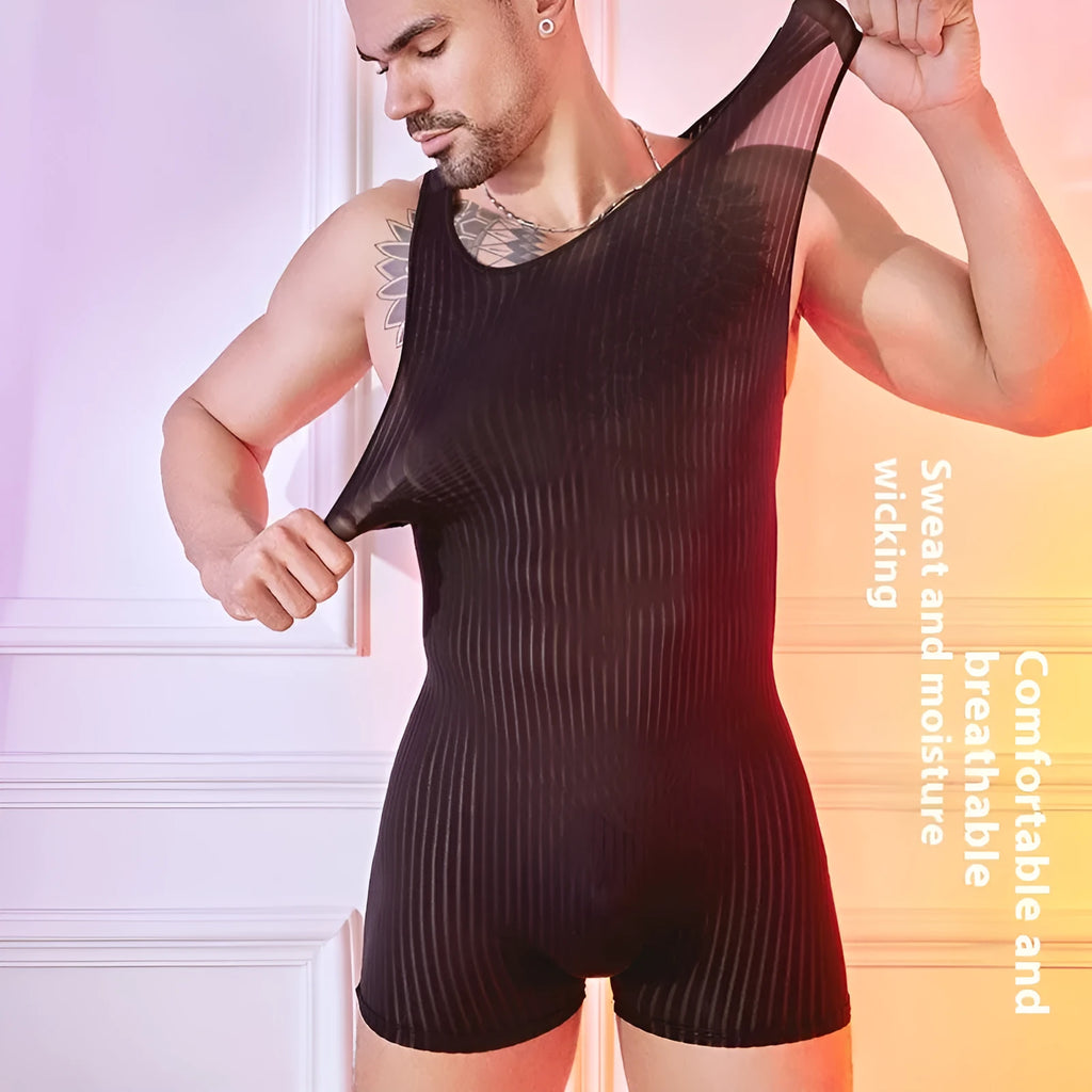 Men's black and white striped nylon jumpsuit, free size, front view