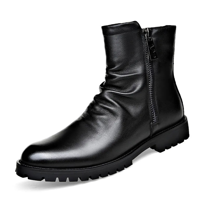 Men's black leather high-top Martin boots with side zipper and wedge heel, winter style