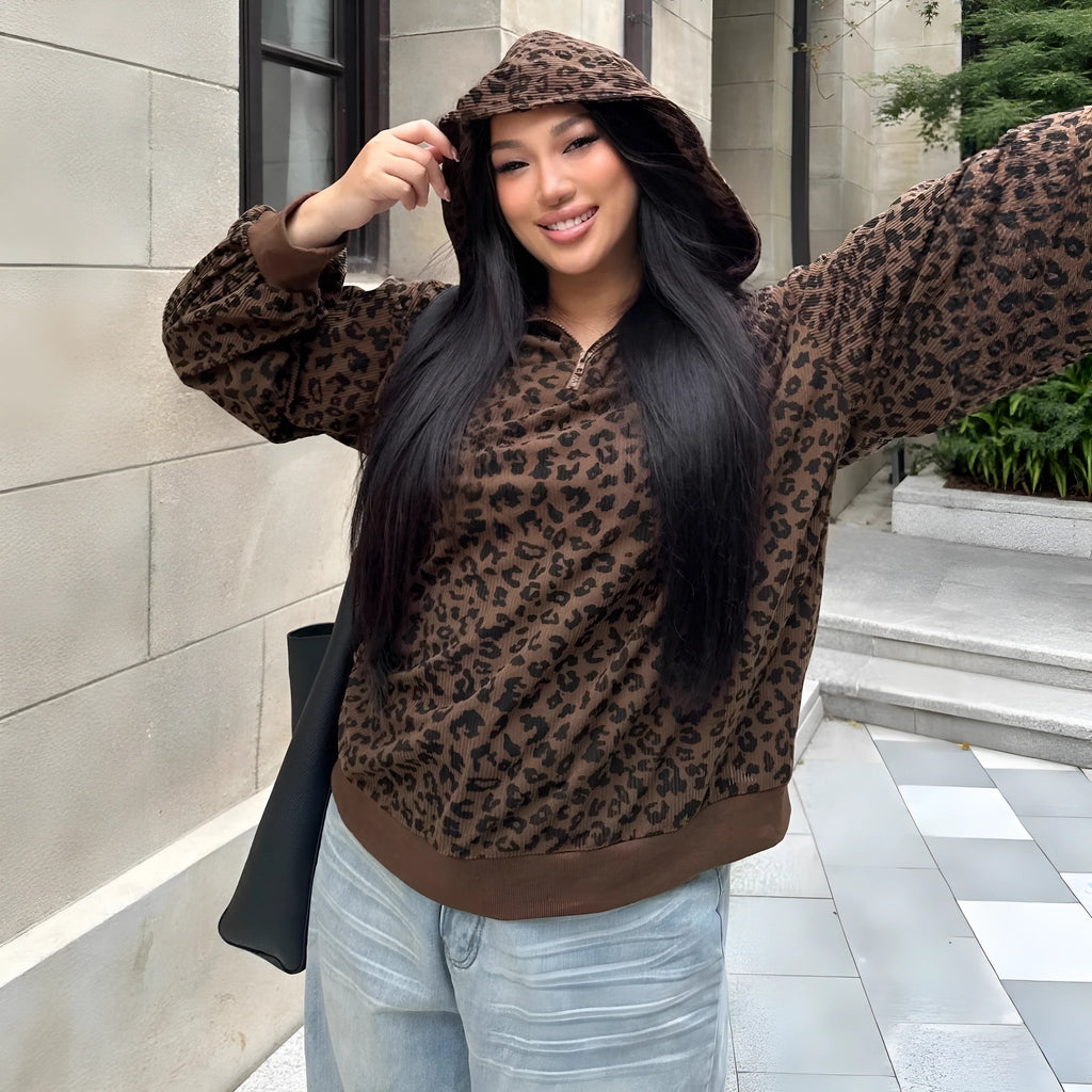 Women's brown leopard print zip-up hooded corduroy long sleeve sweatshirt, front view