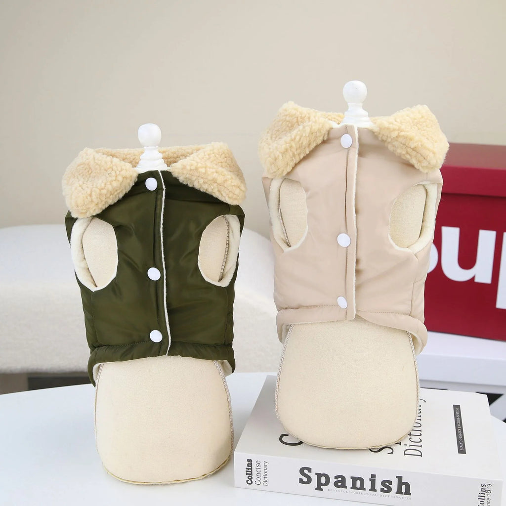 Teddy cat Nordic fur collar cotton vest in green, front view on pet