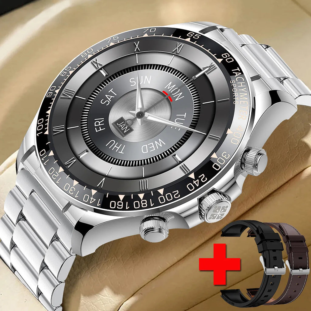 Round screen EX108 smart watch with Bluetooth calling, IPS display and three silicone watchbands in black, silver or rose gold.