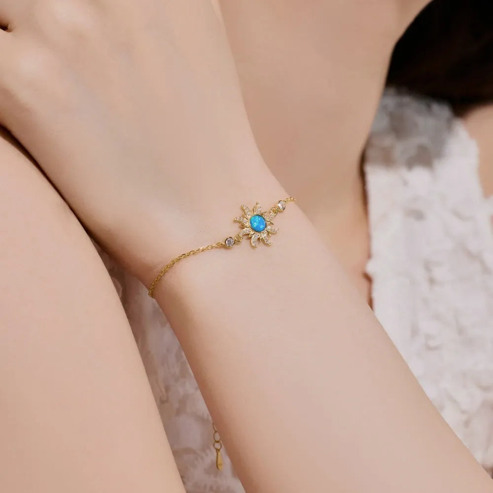 S925 sterling silver bracelet with opal and zircon in sunflower design starry compass motif